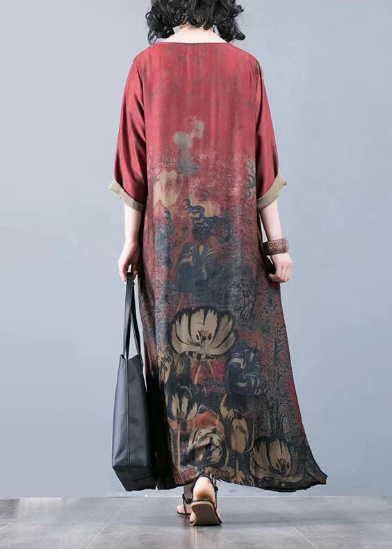 Round Neck Three Quarter Sleeve Abstract Floral A-Line Maxi Dress - View 4