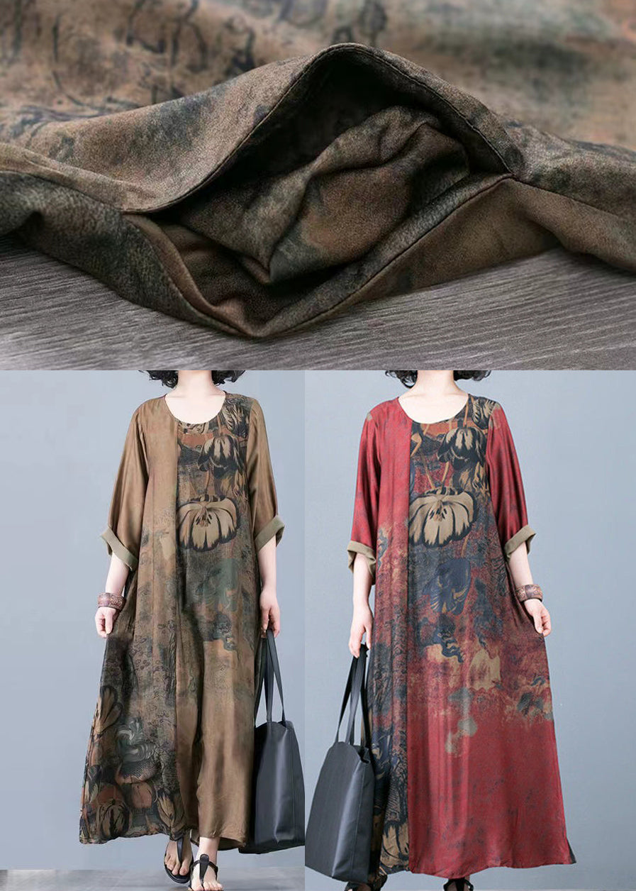 Round Neck Three Quarter Sleeve Abstract Floral A-Line Maxi Dress - View 5