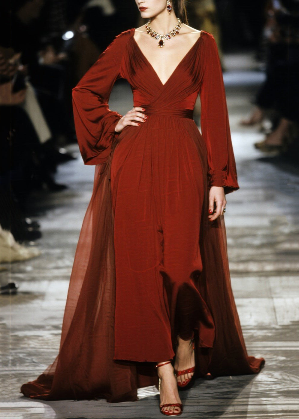 Chiffon Deep V-Neck Ruched Wrap Bishop Sleeve High Split Maxi Gown - View 3