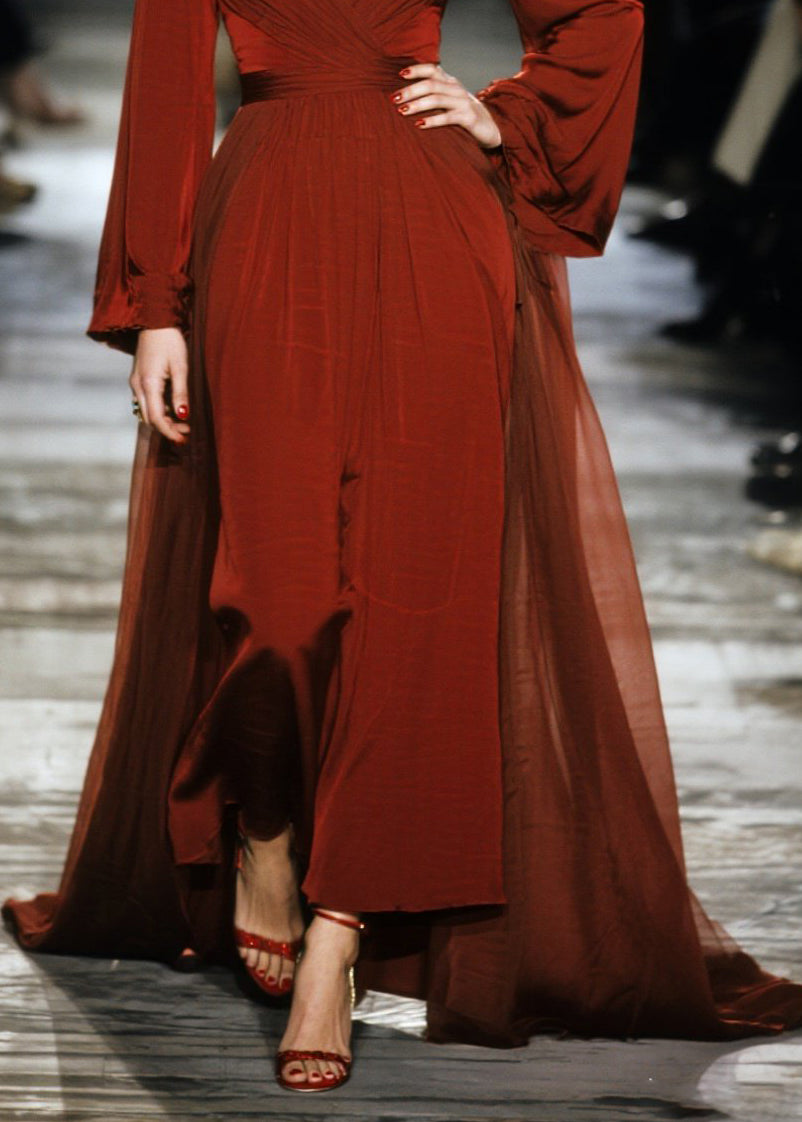 Chiffon Deep V-Neck Ruched Wrap Bishop Sleeve High Split Maxi Gown - View 4