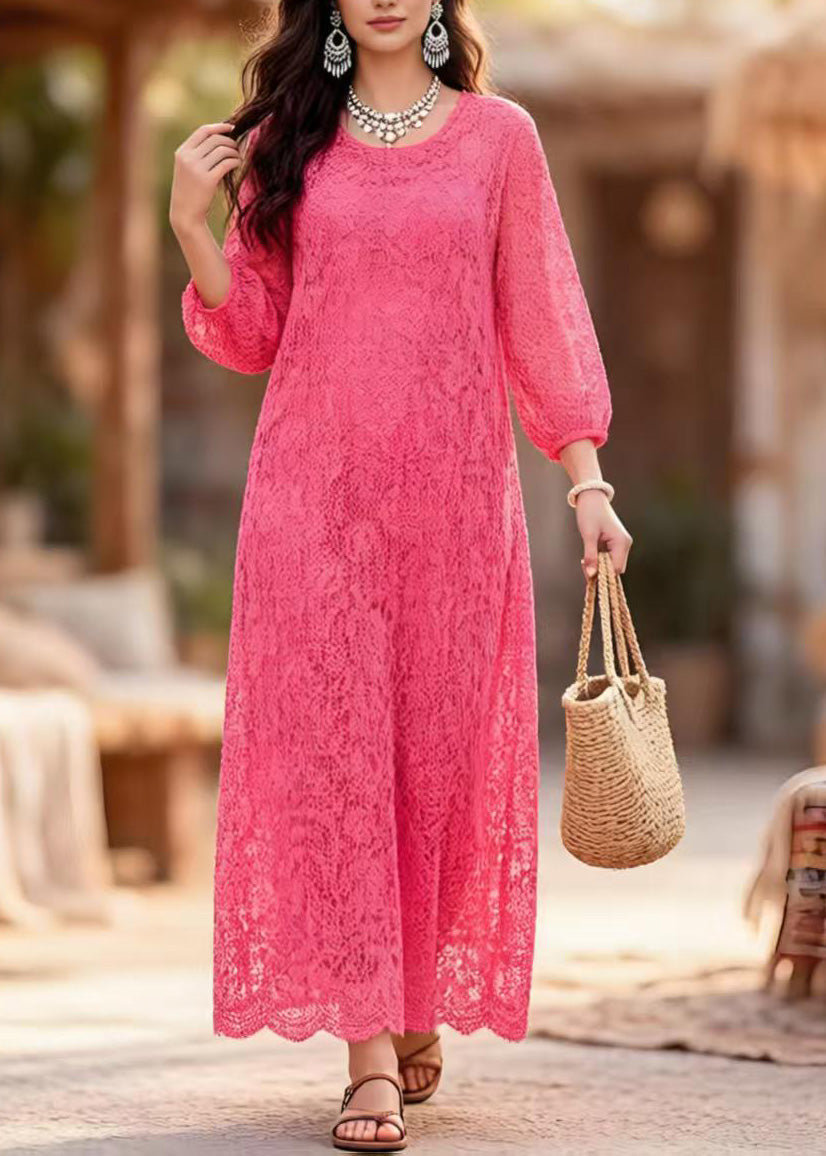 Lace Crew Neck Three Quarter Sleeve Scalloped Hem Maxi Dress - View 5