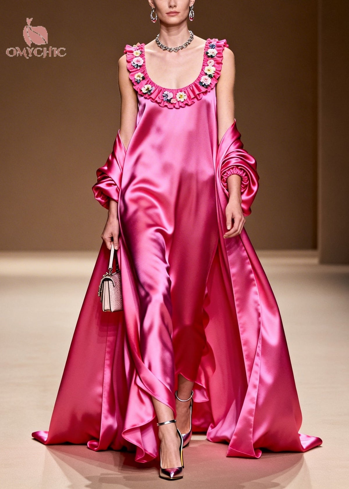 Satin Ruffle Neck Floral Applique Gown and Open Coat Two Piece Set - View 5