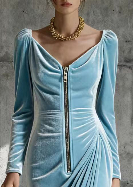 Plus Size Sky Blue Zip Up Wrinkled Silk Velvet Maxi Dresses Spring - View 2