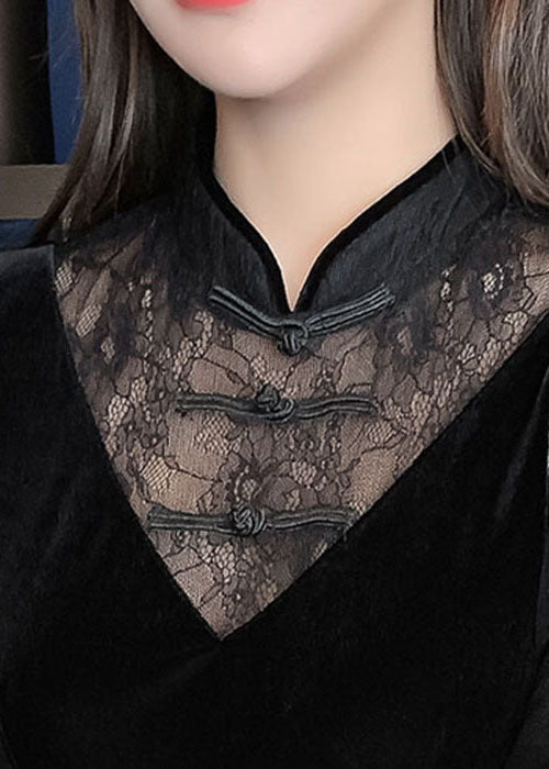 Velvet Lace Mandarin Collar Deep V-Neck Mesh A-Line Mini Dress - View 5