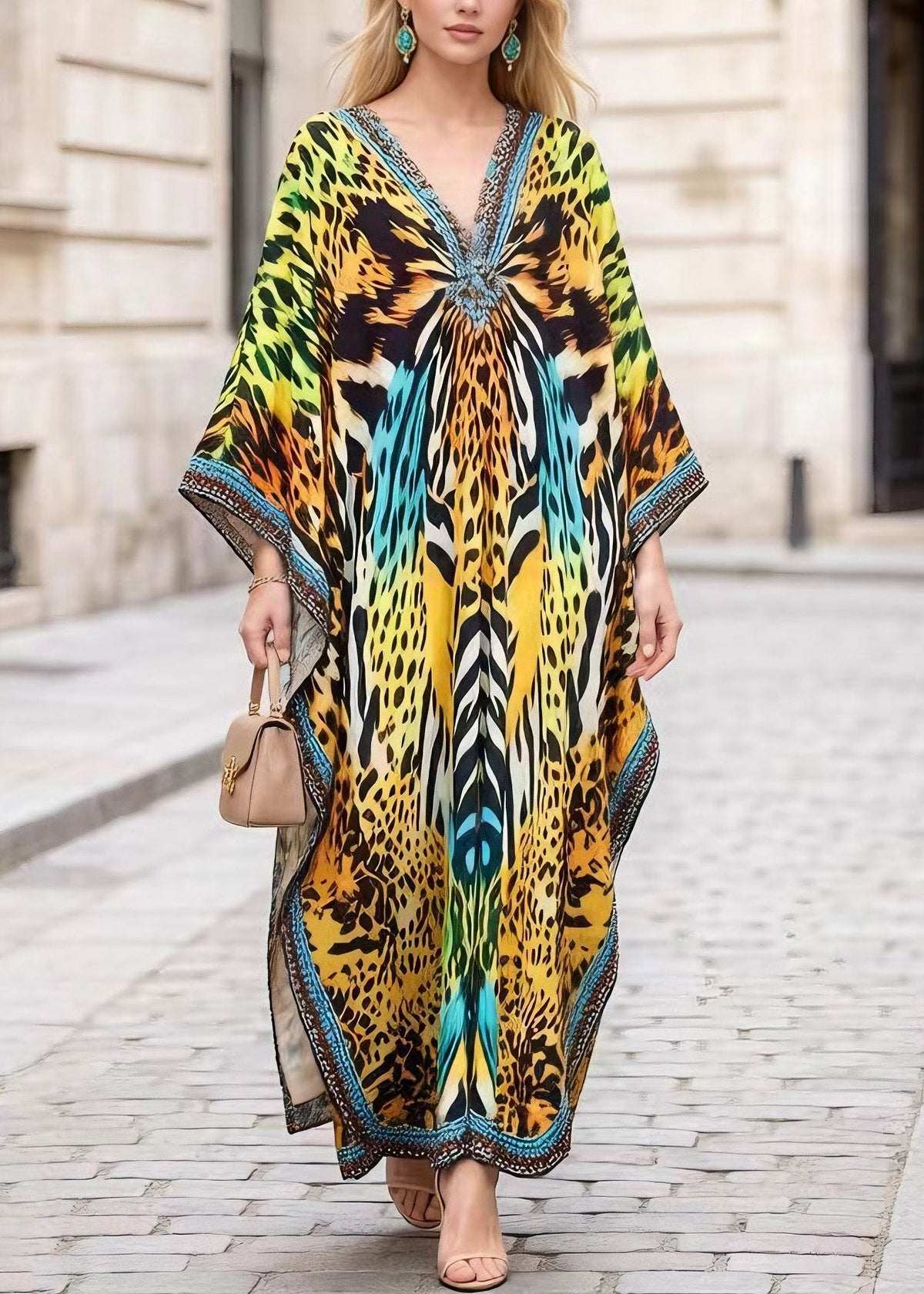 Leopard Print Deep V-Neck Kimono Sleeve Kaftan Maxi Gown - View 3