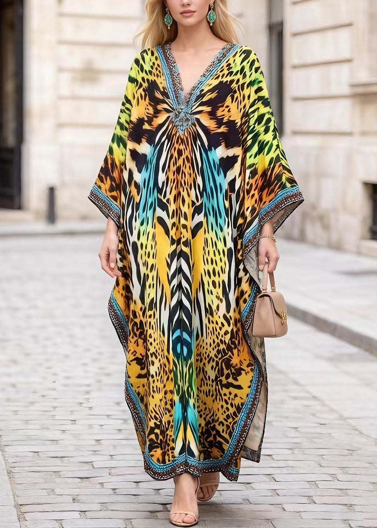 Leopard Print Deep V-Neck Kimono Sleeve Kaftan Maxi Gown - View 5