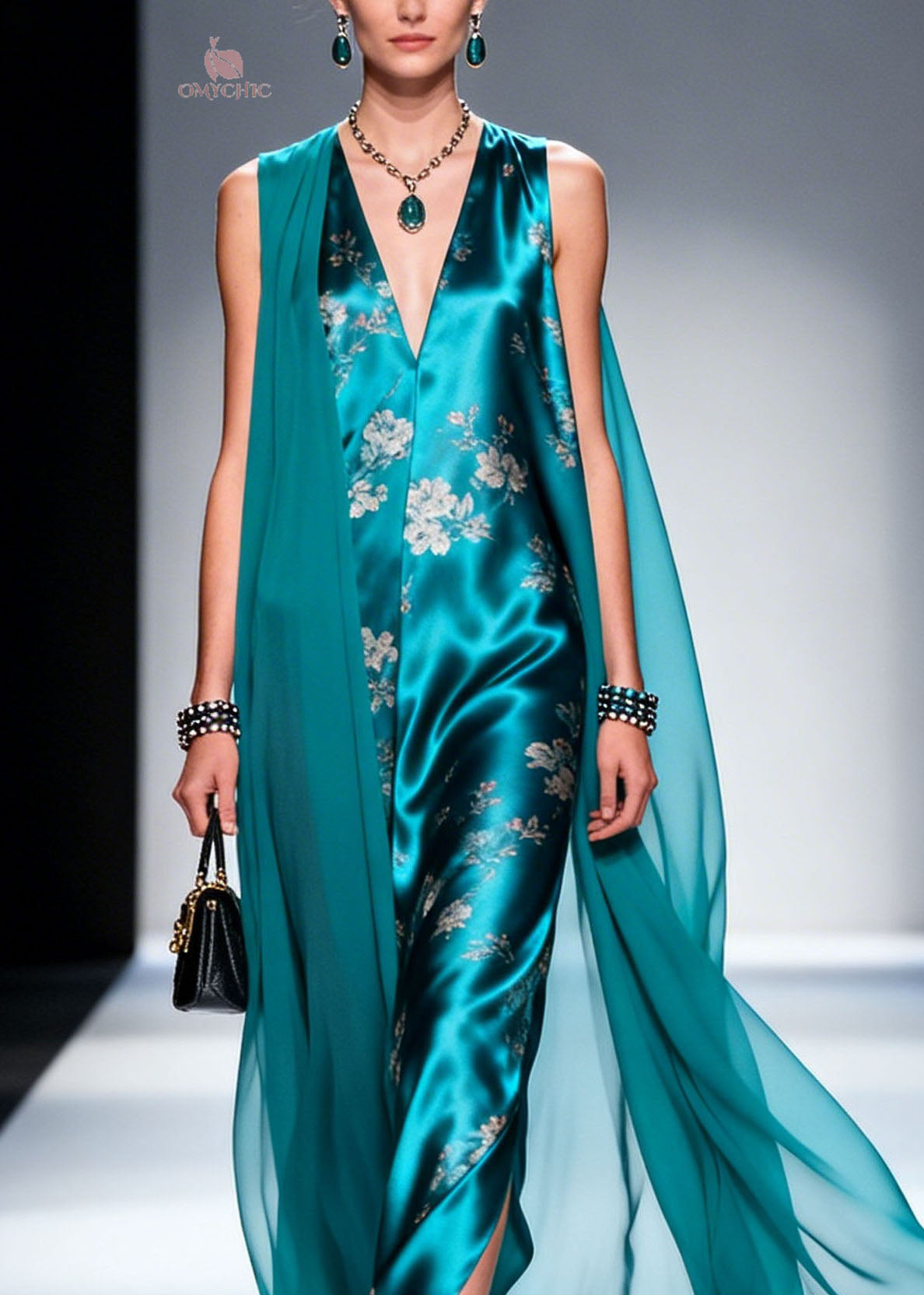 Floral Print Satin Deep V-Neck Sleeveless Front Slit Maxi Gown - View 2