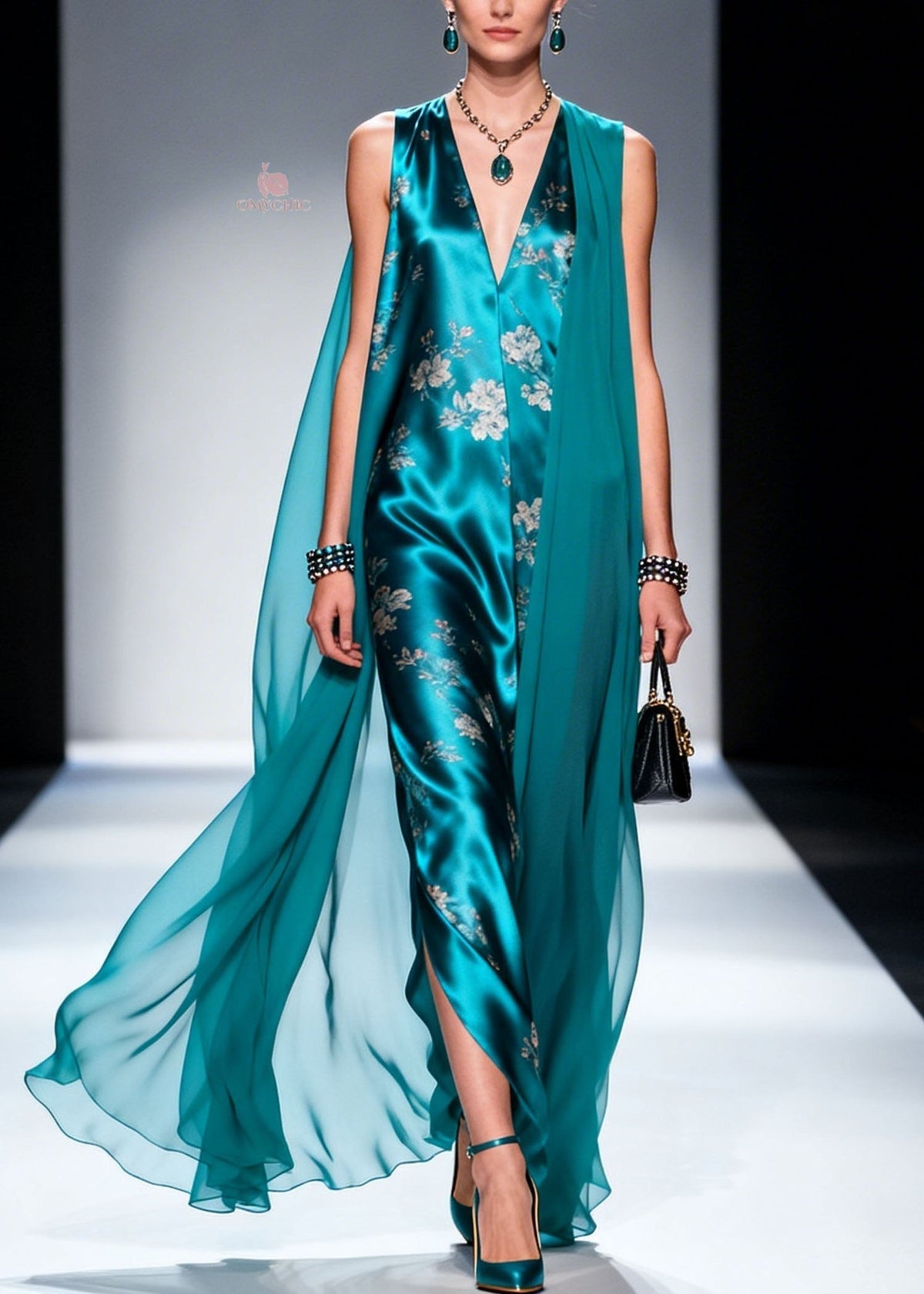 Floral Print Satin Deep V-Neck Sleeveless Front Slit Maxi Gown - View 3
