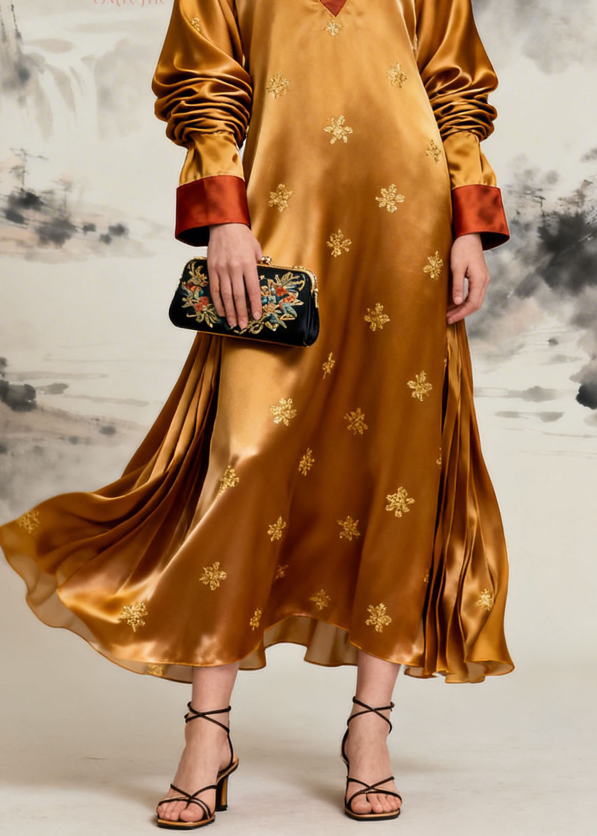 Satin Embroidered Deep V-Neck Contrast Cuff Long Sleeve Maxi Gown - View 4