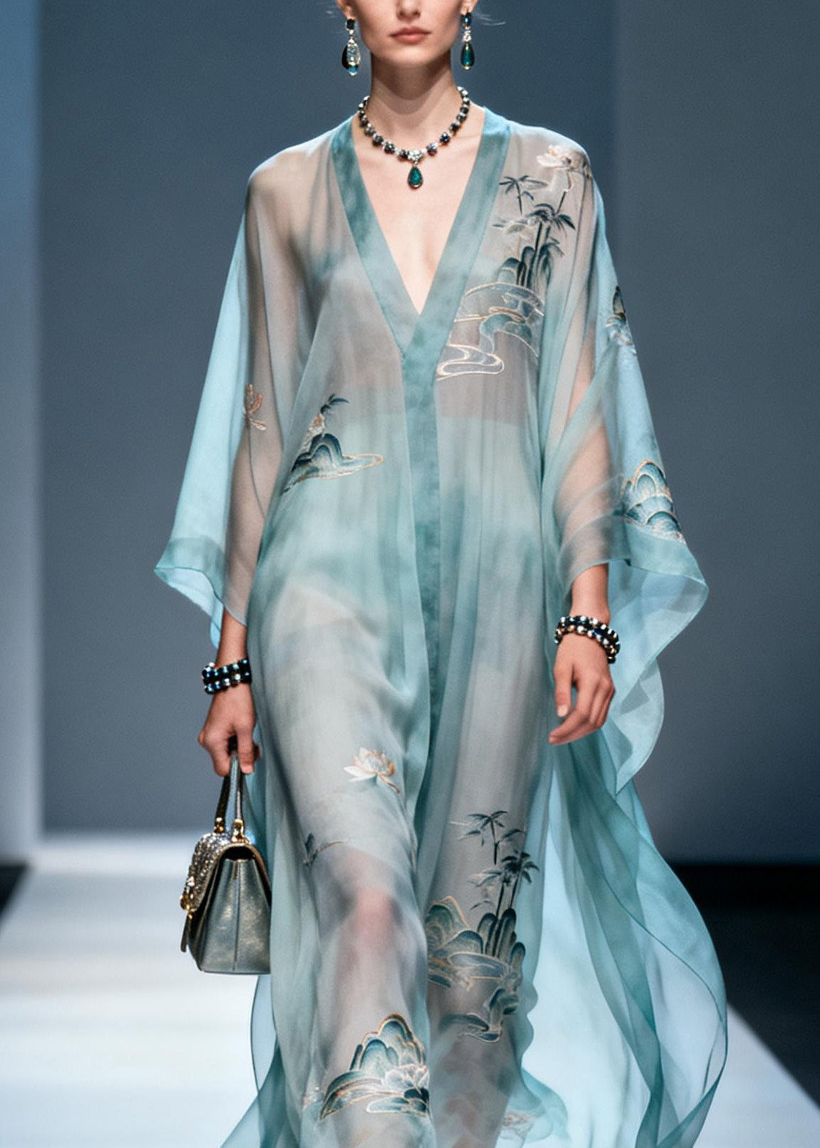 Landscape Print Deep V-Neck Kimono Sleeve Sheer Kaftan Maxi Gown - View 2