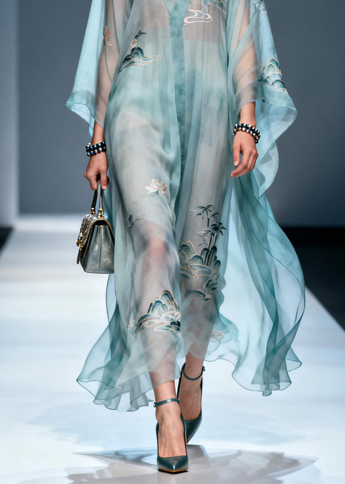 Landscape Print Deep V-Neck Kimono Sleeve Sheer Kaftan Maxi Gown - View 4
