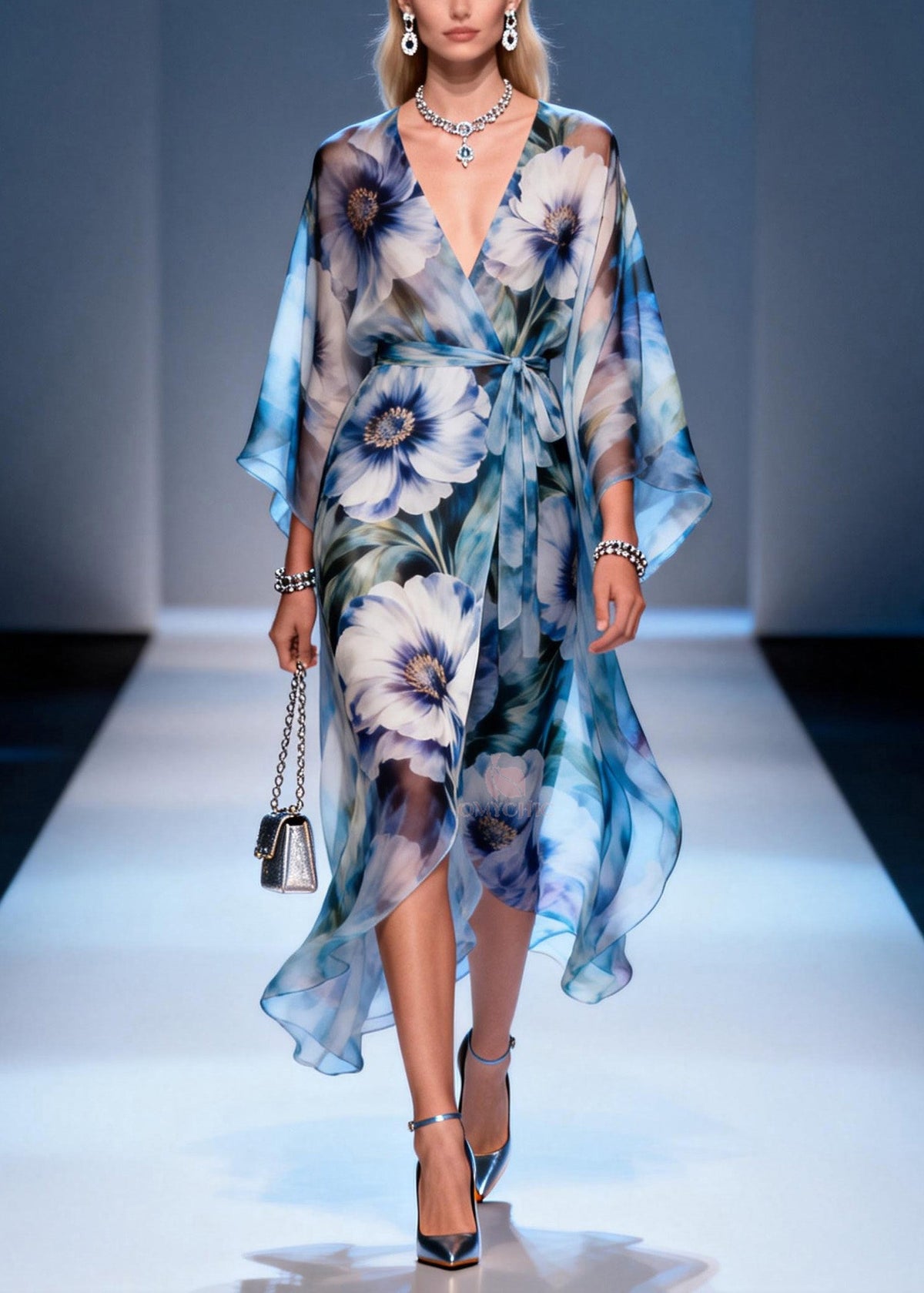 Floral Print Wrap Front Kimono Sleeve Tie Waist Maxi Dress - View 5