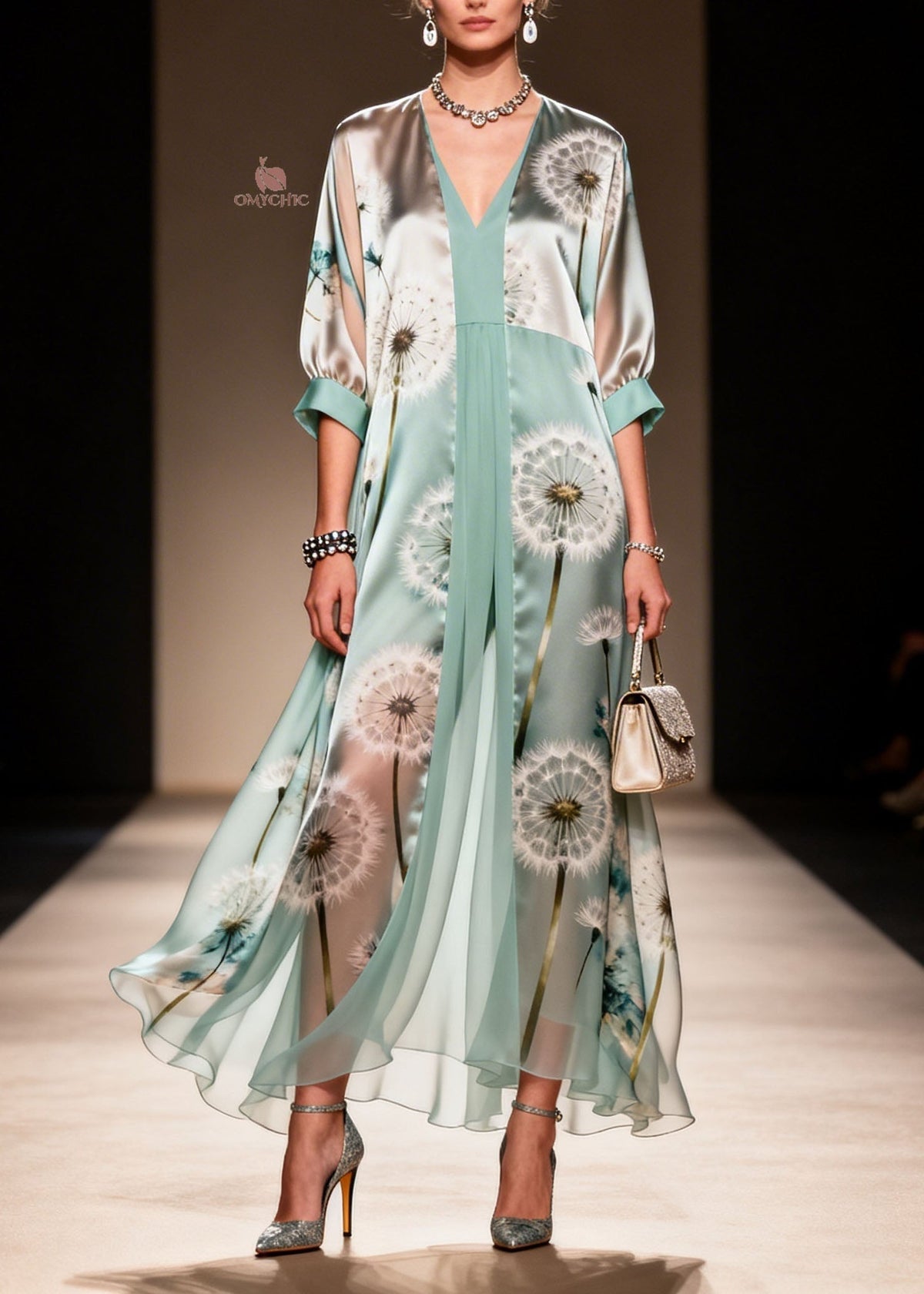 Dandelion Print Deep V-Neck Balloon Sleeve Pleated Maxi Gown