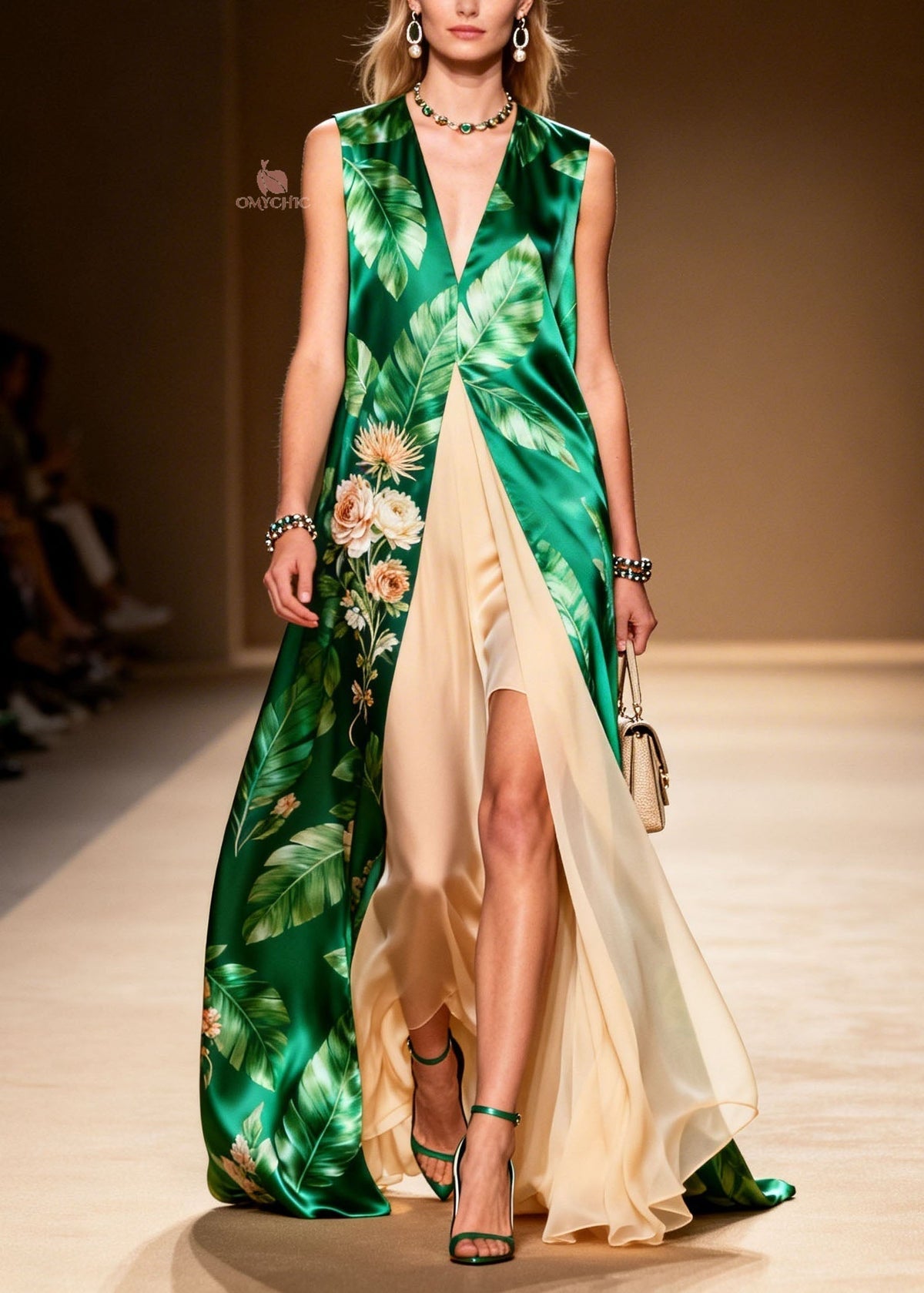 Satin Tropical Floral Deep V-Neck Sleeveless Faux Maxi Dress - View 3