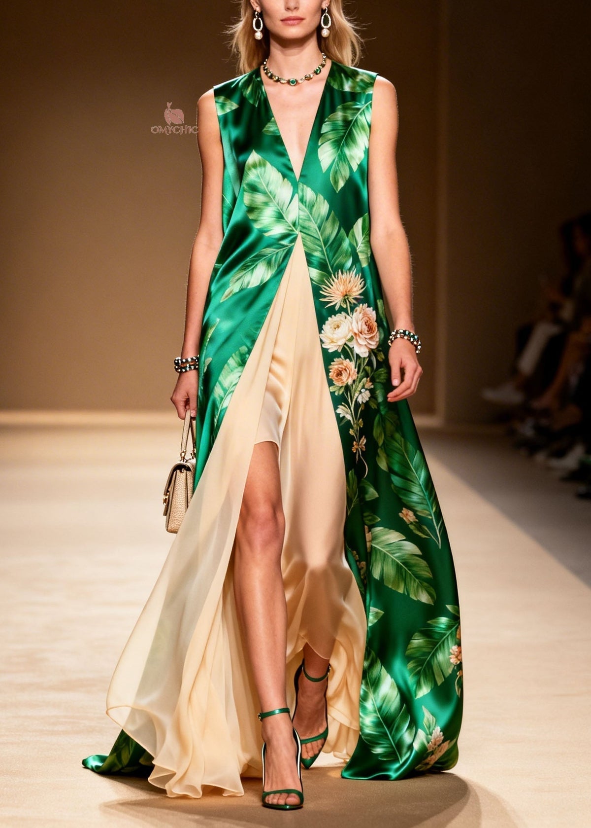 Satin Tropical Floral Deep V-Neck Sleeveless Faux Maxi Dress - View 5