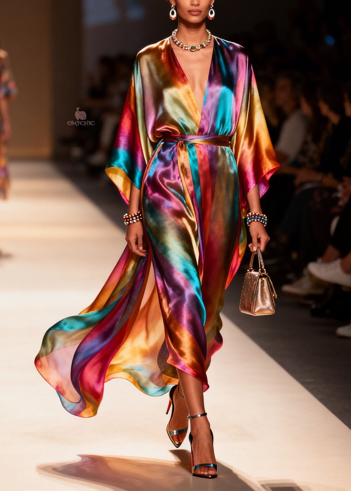 Deep V-Neck Satin Batwing Sleeve Belted High Split Wrap Dress - View 3