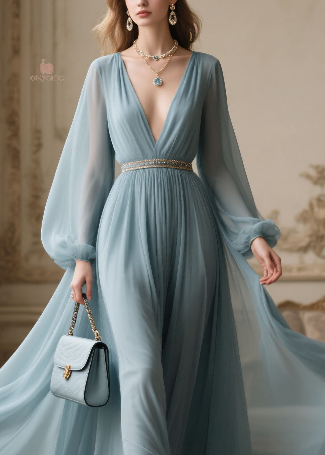 Chiffon Bishop Sleeve Deep V-Neck Rhinestone Belt Pleated Maxi Gown - View 2