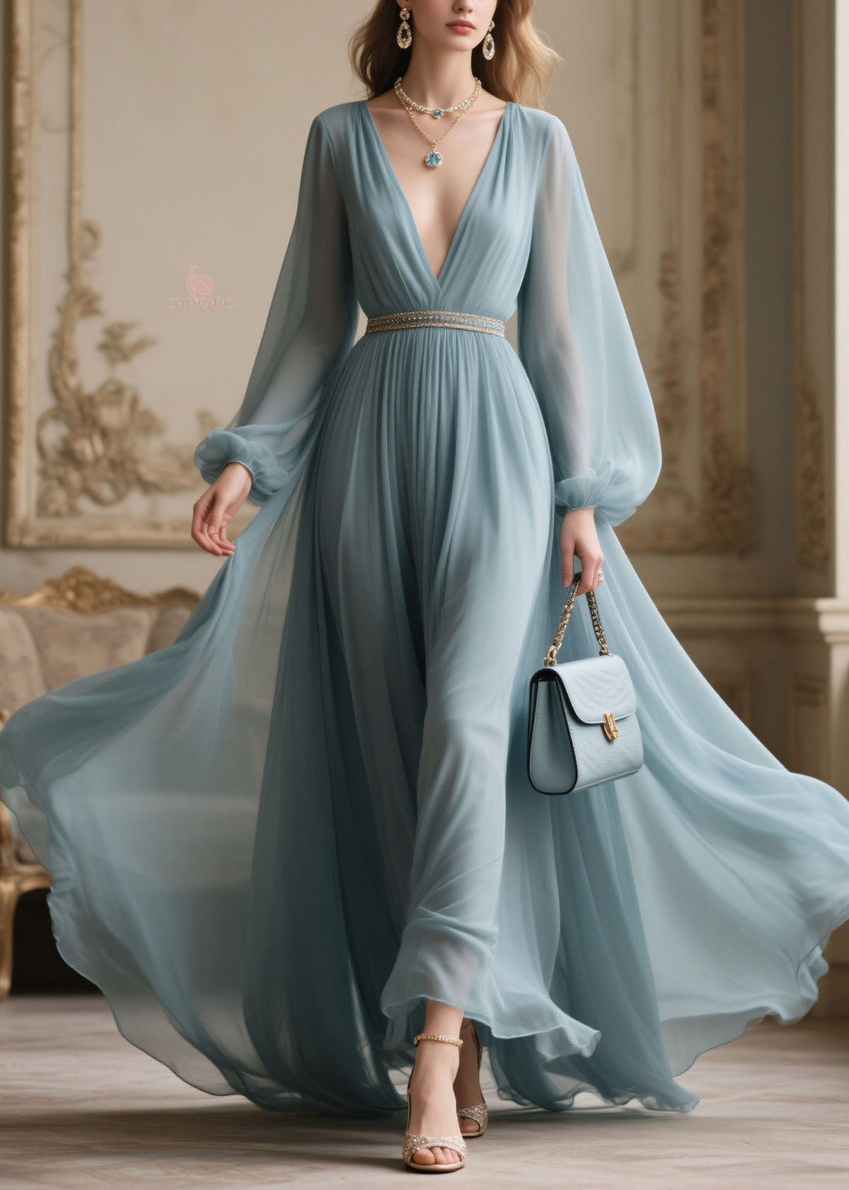 Chiffon Bishop Sleeve Deep V-Neck Rhinestone Belt Pleated Maxi Gown - View 3
