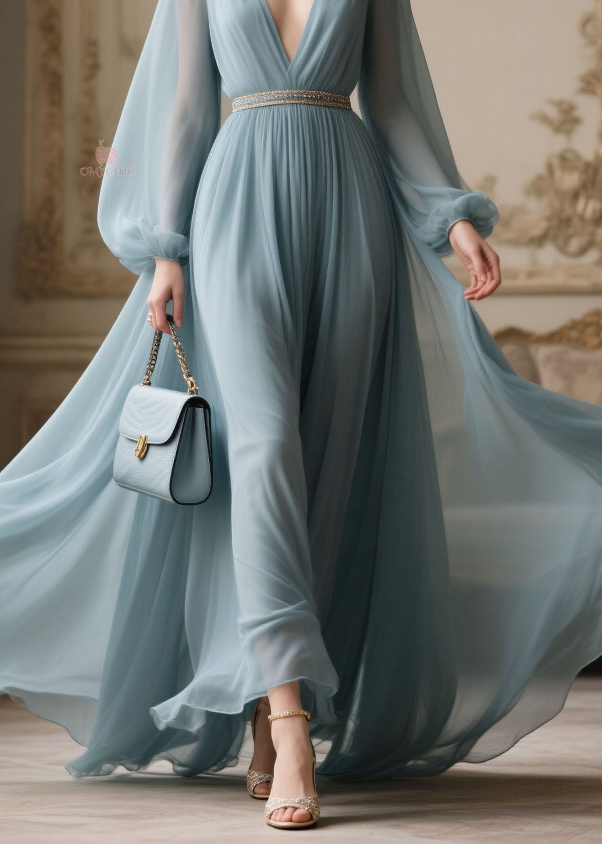 Chiffon Bishop Sleeve Deep V-Neck Rhinestone Belt Pleated Maxi Gown - View 4