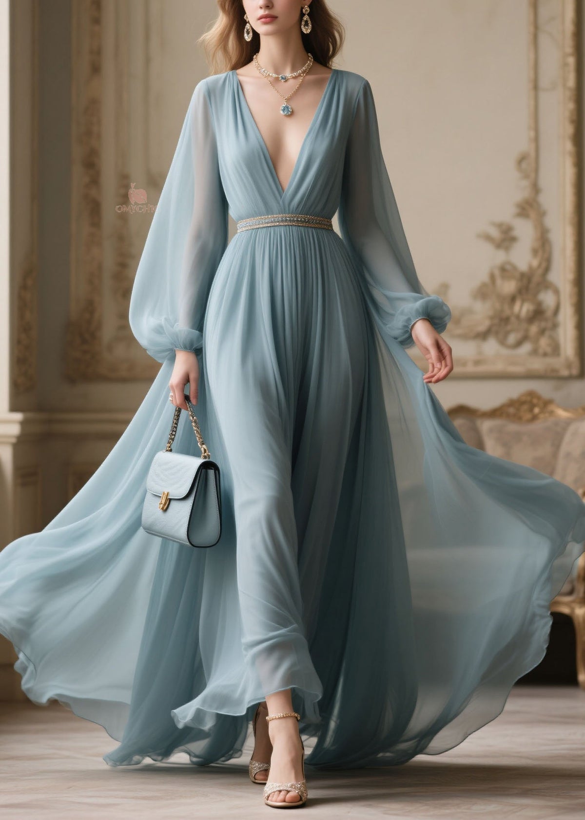 Chiffon Bishop Sleeve Deep V-Neck Rhinestone Belt Pleated Maxi Gown - View 5