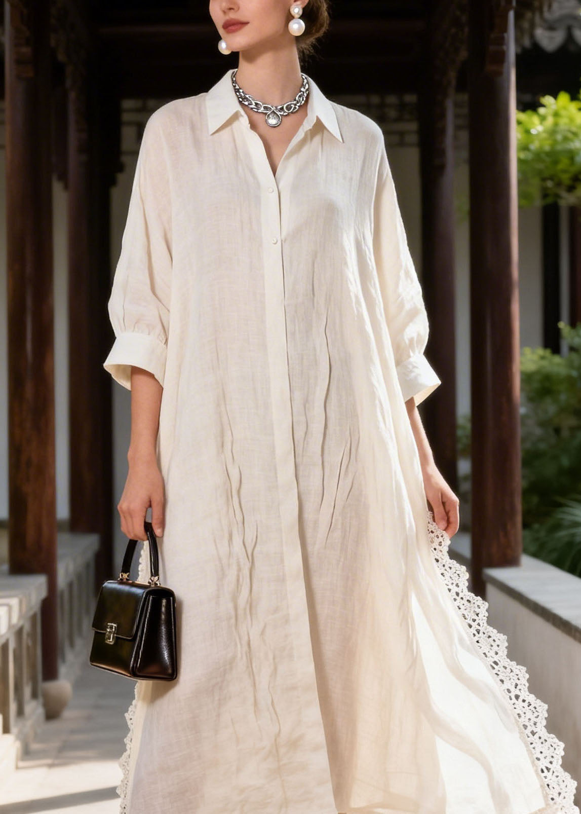Woven Peter Pan Collar Button Front Lace Trim Shirt Maxi Dress - View 2