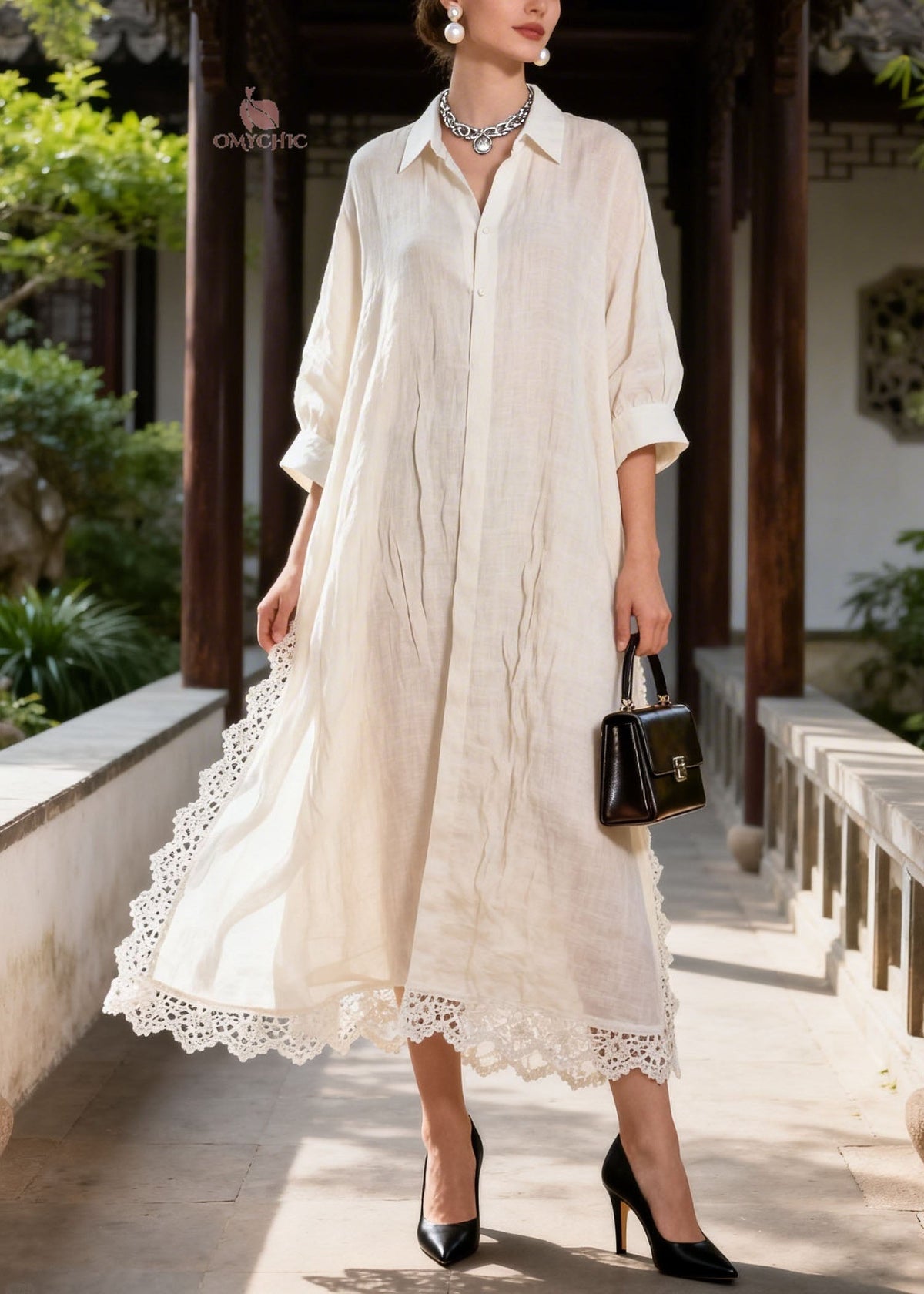 Woven Peter Pan Collar Button Front Lace Trim Shirt Maxi Dress - View 3