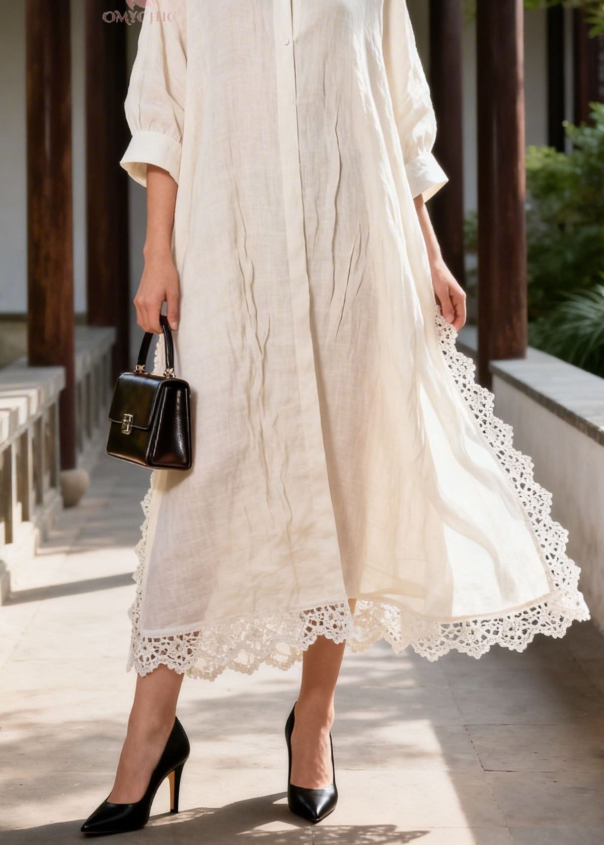 Woven Peter Pan Collar Button Front Lace Trim Shirt Maxi Dress - View 4