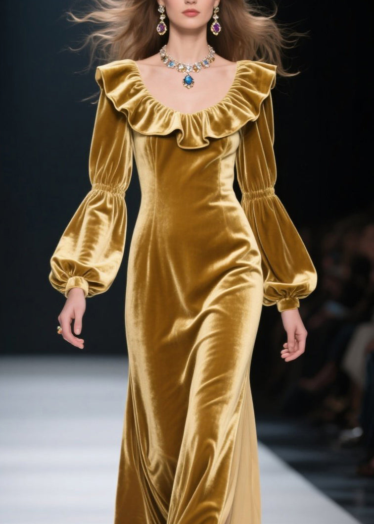 Plus Size Yellow Ruffled Patchwork Velvet Long Dress Fall - View 2