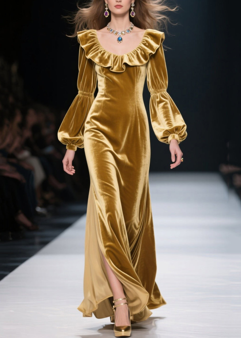 Plus Size Yellow Ruffled Patchwork Velvet Long Dress Fall - View 3