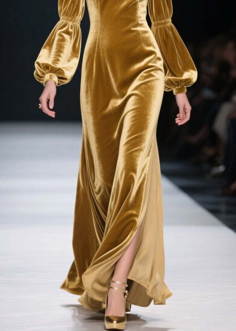 Plus Size Yellow Ruffled Patchwork Velvet Long Dress Fall - View 4