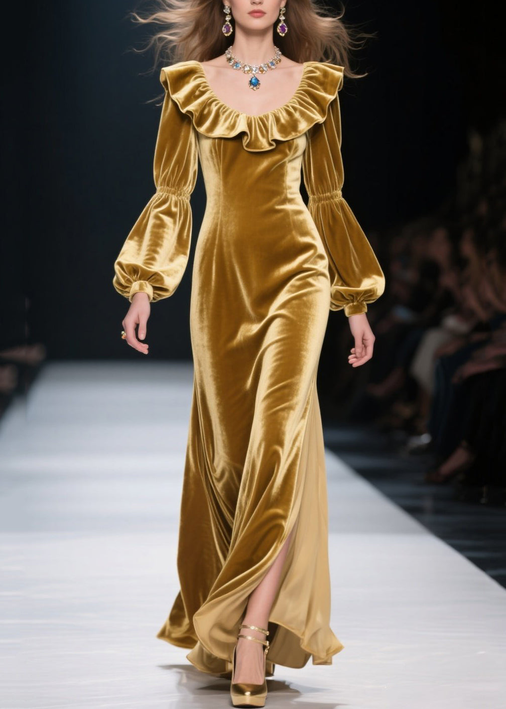 Plus Size Yellow Ruffled Patchwork Velvet Long Dress Fall - View 5