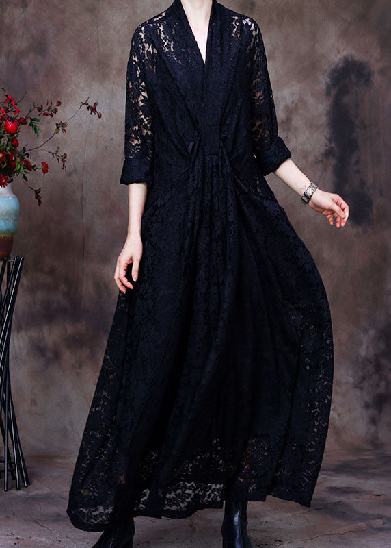Plus Size Black V-Neck Lace Party Dress Spring
