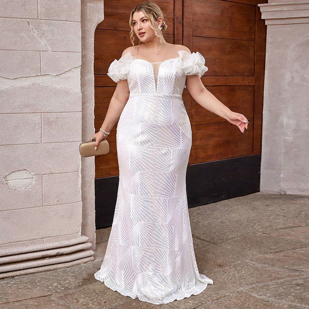Sequin Off Shoulder Puff Sleeve Mermaid Maxi Gown - View 5