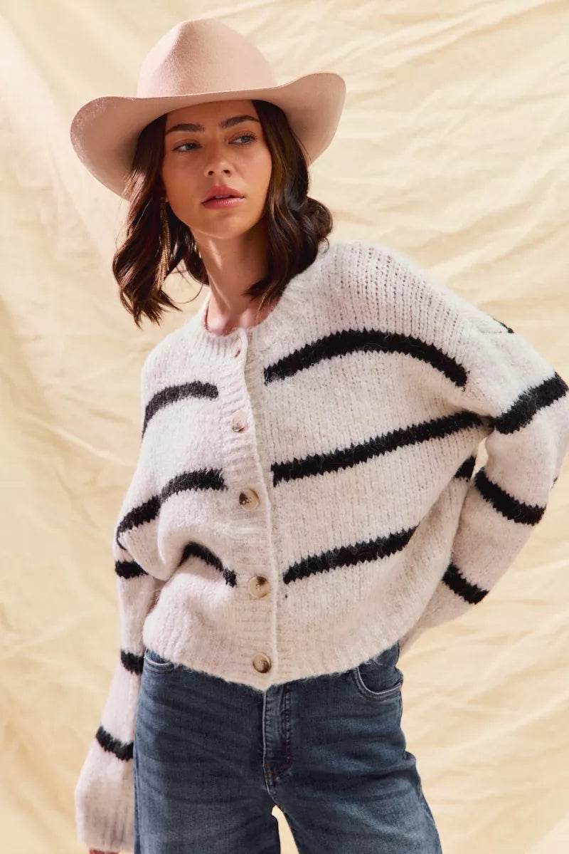 Striped Round Neck Button Front Cropped Cardigan 5