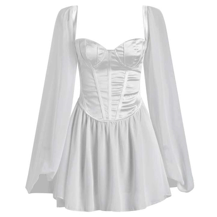 Corset Sweetheart Wide Strap Sheer Balloon Sleeve Mini Dress