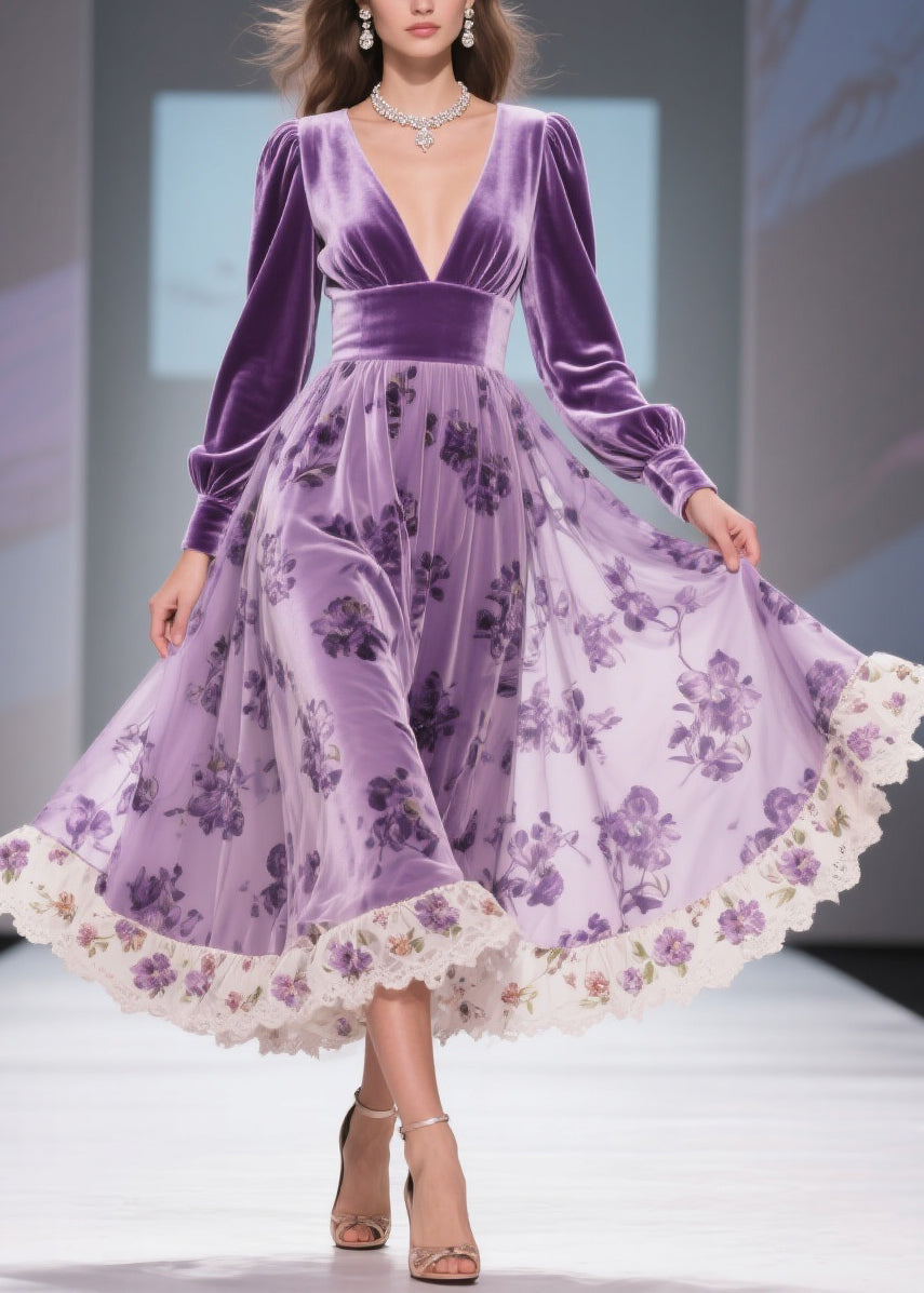 Velvet Deep V-Neck Bishop Sleeve Burnout Floral Midi Dress
