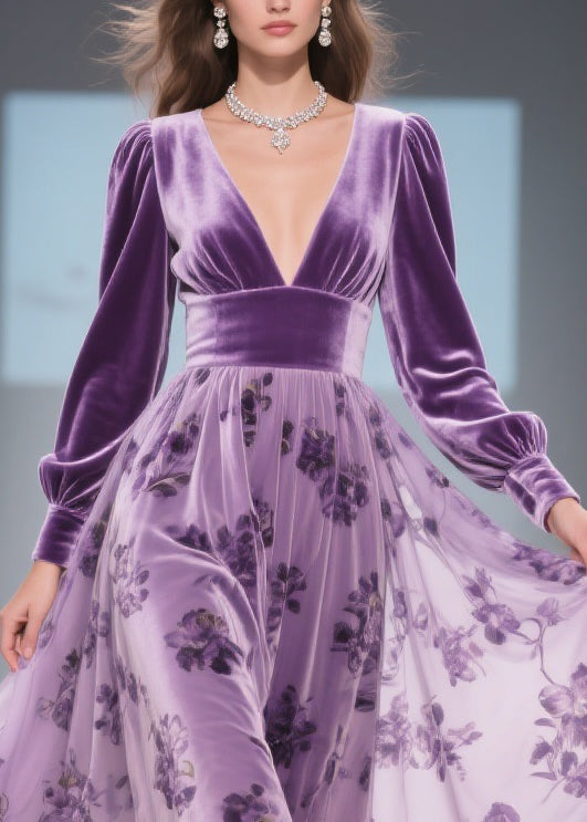 Velvet Deep V-Neck Bishop Sleeve Burnout Floral Midi Dress - View 2