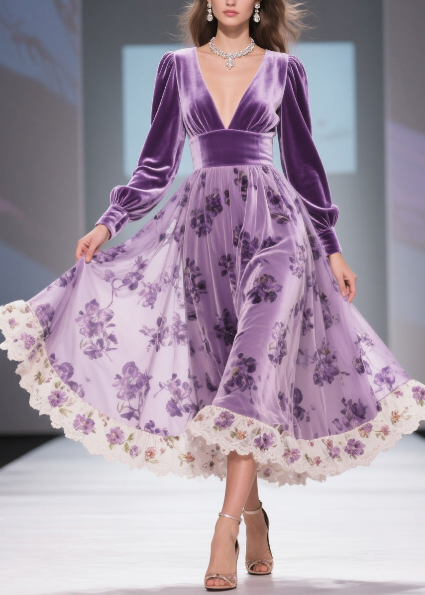 Velvet Deep V-Neck Bishop Sleeve Burnout Floral Midi Dress - View 3