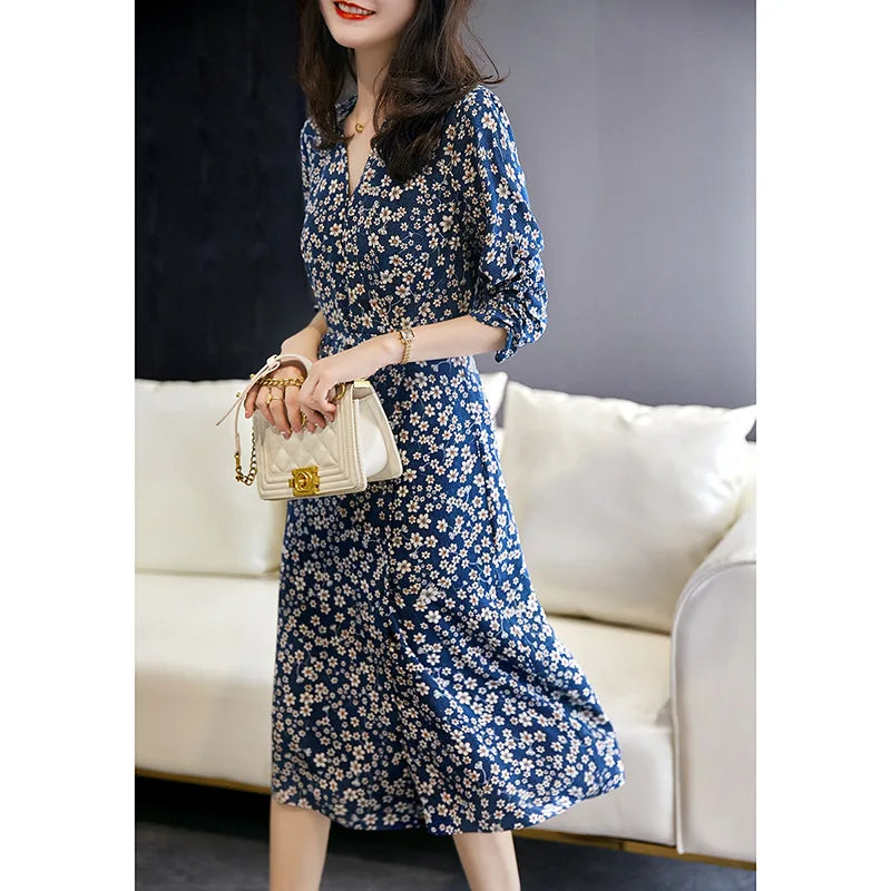 Floral Print V-Neck 3/4 Sleeve A-Line Midi Dress - View 7