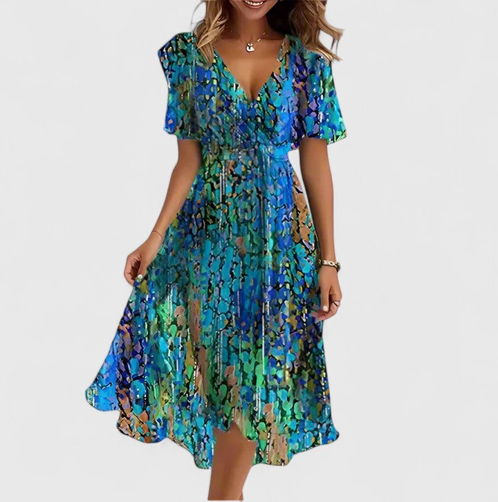 Abstract Print V-Neck Short Sleeve Wrap Midi Dress