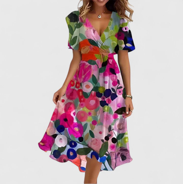 Abstract Print V-Neck Short Sleeve Wrap Midi Dress 3