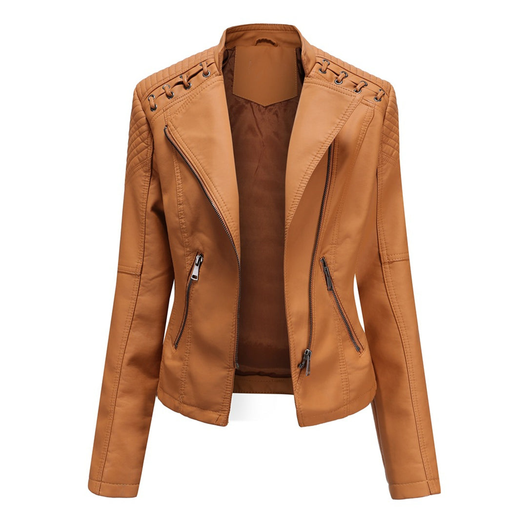 Zip Front Stand Collar Faux Leather Moto Jacket 3