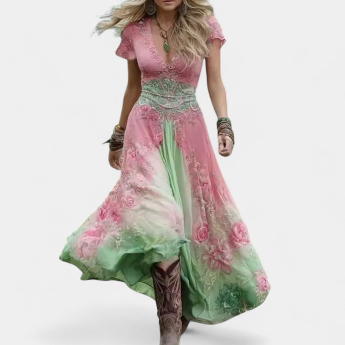 Floral Embroidered V-Neck Short Sleeve Maxi Dress 6