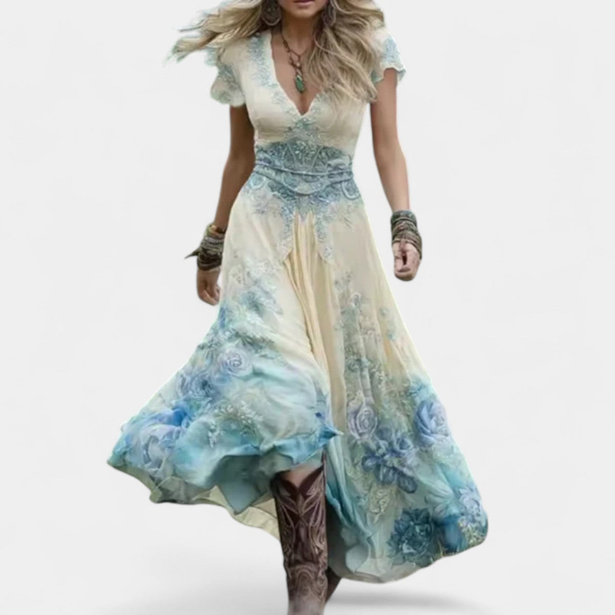 Floral Embroidered V-Neck Short Sleeve Maxi Dress 4