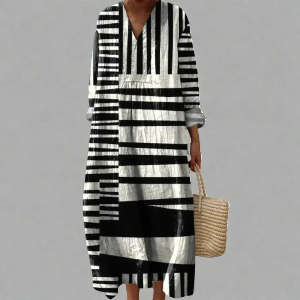 V-Neck Long Sleeve Abstract Striped Maxi Dress