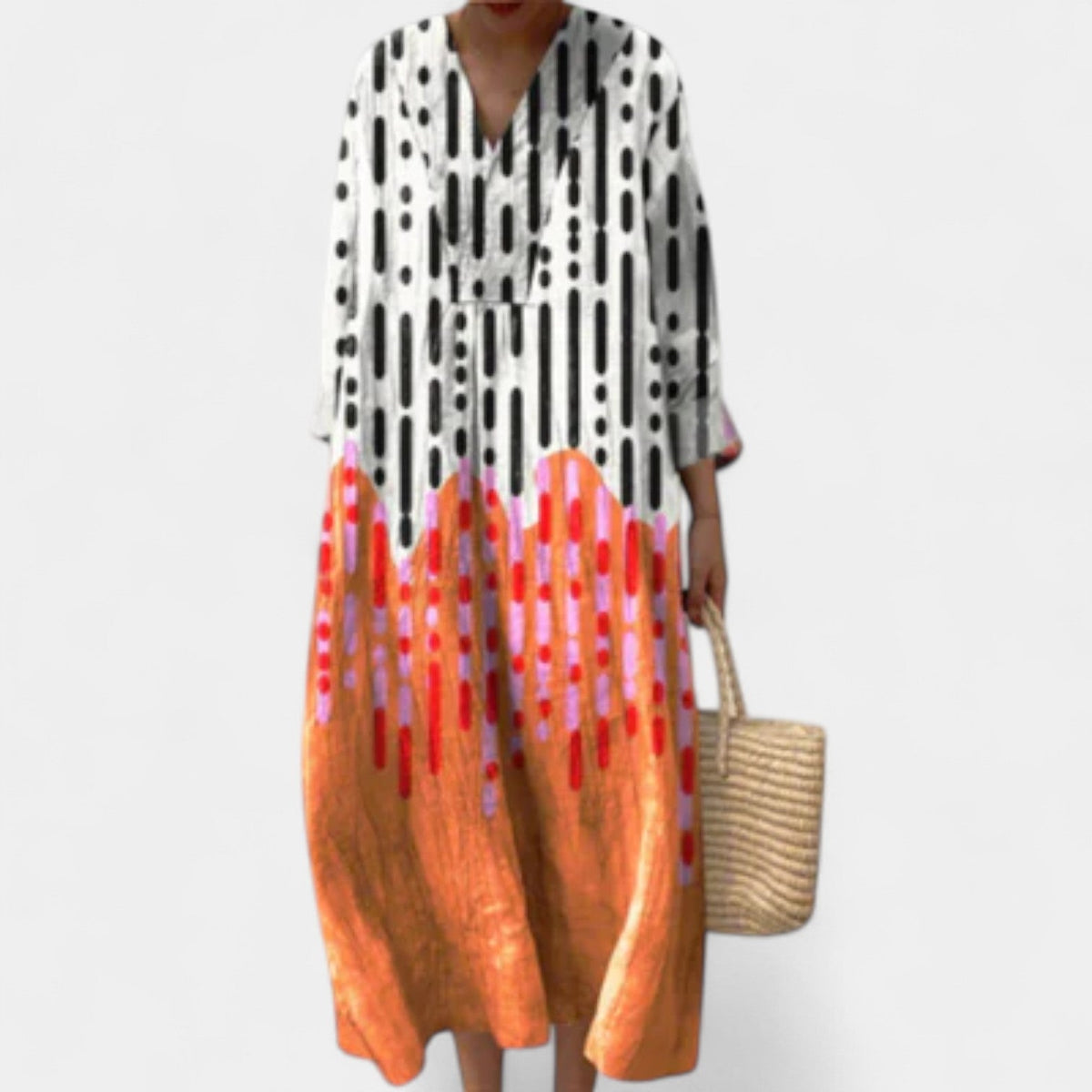Dot Print Color Block V-Neck Long Sleeve Oversized Maxi Dress