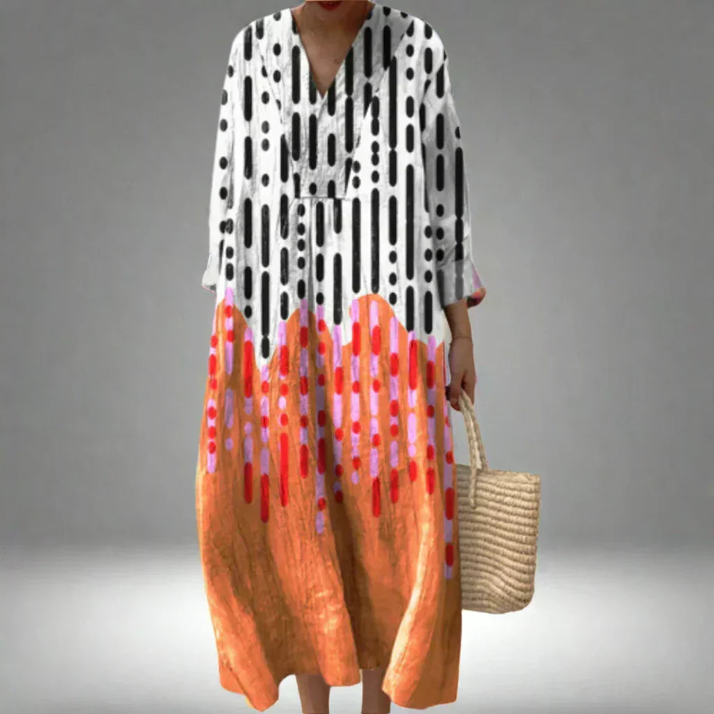 Abstract Print V-Neck Long Sleeve Maxi Dress