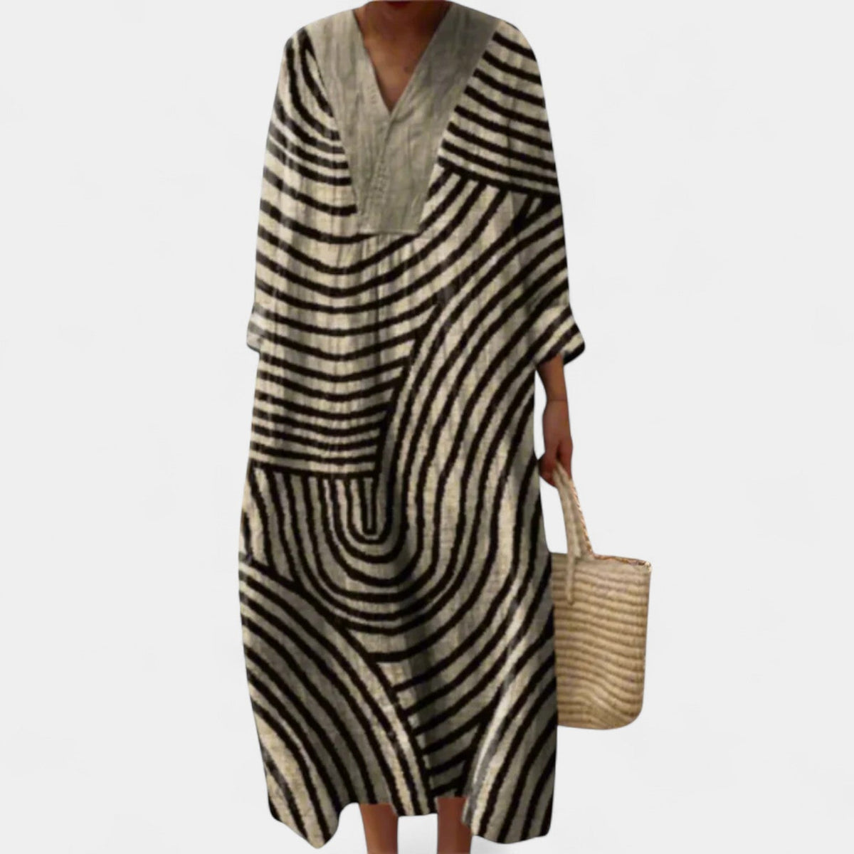 Abstract Stripe Print V-Neck Long Sleeve Maxi Dress