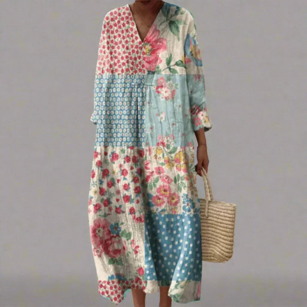 V-Neck Long Sleeve Patchwork Floral Tiered Maxi Dress