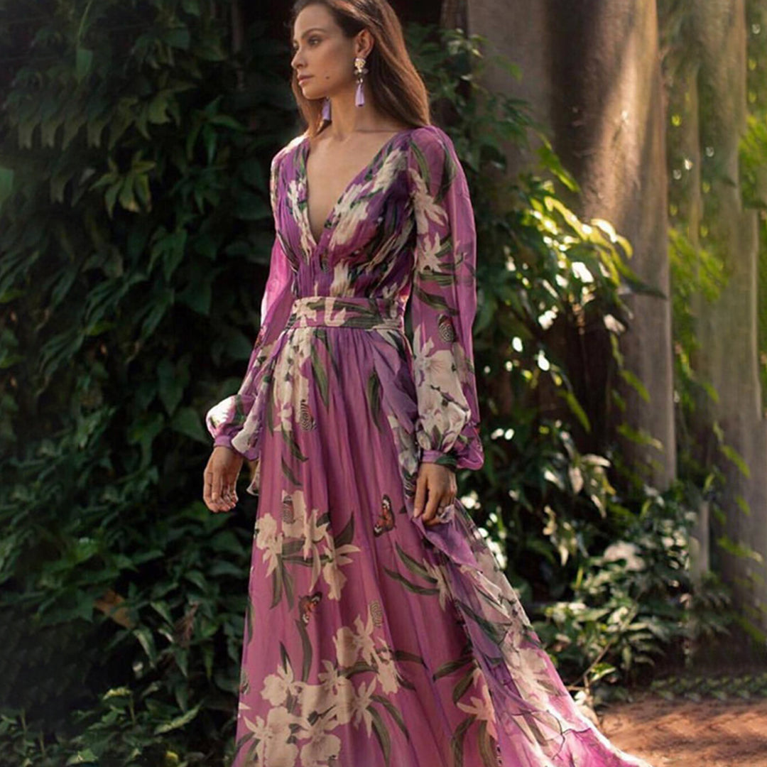Floral Print Deep V-Neck Bishop Sleeve Wide A-Line Maxi Dress
